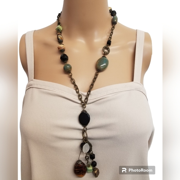 HIGH QUALITY ANTIQUE BRASS NECKLACE WITH MURANO ART GLASS PENDANTS - Picture 1 of 8